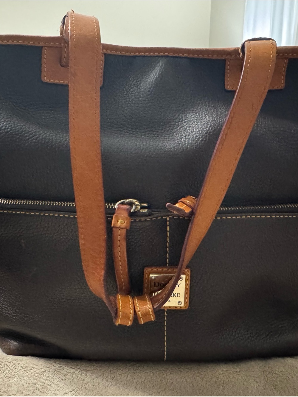 Dooney & Bourke Dark Brown Leather Tote with Tan Trim